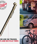 Close-up of Milton S-925 pencil tire pressure gauge with brass body for trucks, RVs and bicycles