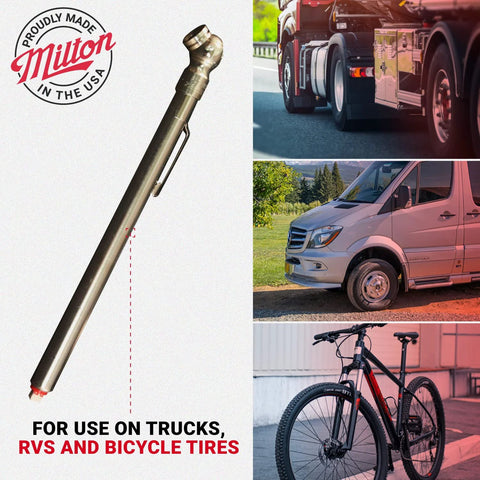 Close-up of Milton S-925 pencil tire pressure gauge with brass body for trucks, RVs and bicycles