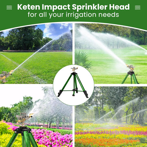 Impact Sprinkler On Tripod Base 2 Pack For Lawn Yard Garden With 360 Degree Coverage shown watering large lawns and gardens