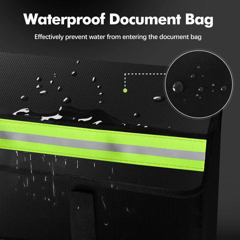 Water droplets on Extra Large Fireproof Document Bag Waterproof Safe Storage For Cash Jewelry Photos And Valuables 15x12x12in With Reflective Strip