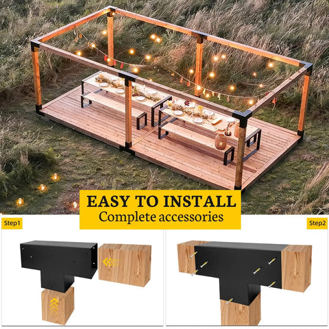 Beefy Pergola Bracket Kit 2 Pack 3 Way T Shaped Wood Brackets For Six By Six Lumber used in outdoor pergola setup