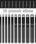 Pro Grade 12 Piece Round Leather Hole Punch Set With Hardened Carbon Steel Cutting Edge for various sizes from 1mm to 10mm