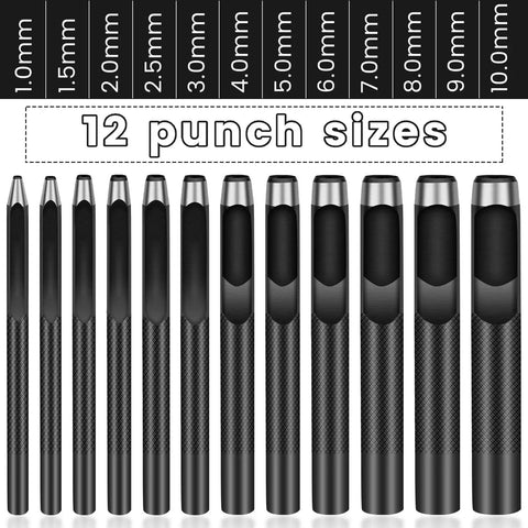 Pro Grade 12 Piece Round Leather Hole Punch Set With Hardened Carbon Steel Cutting Edge for various sizes from 1mm to 10mm