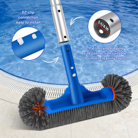 All In One Pool Cleaning Kit With 12.5 Inch Brush Head Ultra Fine Mesh Skimmer Net And 76.5 Inch Aluminum Pole near pool