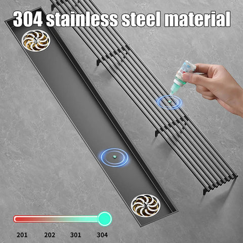Pro Grade Stainless Steel Linear Shower Drain With Built In Hair Catcher And Weathered Bamboo Grate Cover For Rapid Floor Drainage and hand applying sealant.