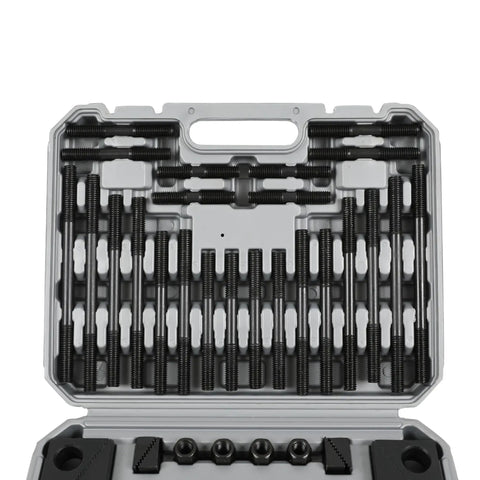 58 Piece Hold Down Clamp Set For Milling Machines With Nine Sixteenth Inch Slot And Half By Thirteen Thread Studs in a plastic case