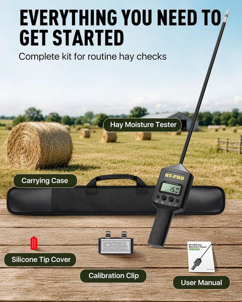 Moisture Meter With 20 Inch Probe For Hay Bales, Round And Square Bale Moisture And Temperature Checker With Fast Backlit Readings, Calibration Clip Included, Black Handle with carrying case