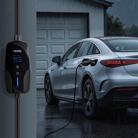Level 2 Electric Vehicle Charger 32 Amp Adjustable With 25 Foot Cable Nema 14-50P Plug Lcd Display charging EV in rain