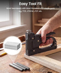 Assorted Jt21 Fine Wire Staples For Staple Gun galvanized upholstery nails with staple gun in use on wood.
