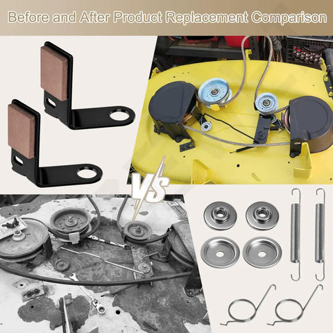 Comparison of Two Set Heavy Duty Brake Pad Kit for 42 Inch Deck X Series Lawn Tractors Mowers before and after replacement.