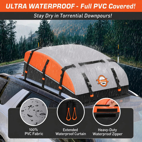 Rooftop Cargo Carrier Bag 21 Cubic 1000D PVC Waterproof Soft Shell for cars in rain with reinforced straps and anti-slip mat