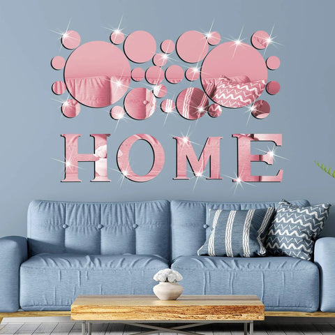 Rose Gold Home Wall Mirror Decal 30 Piece Set With HOME Letters And Round Acrylic Stickers in living room