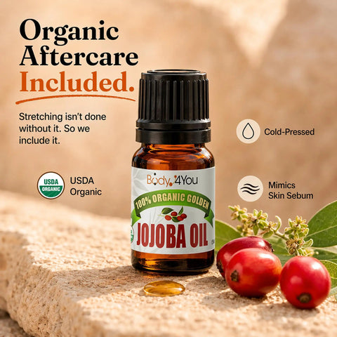 Bottle of jojoba oil included in 54 Piece Ear Gauge Stretching Kit For Beginners And Newbies with organic certification.