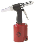 Red air rivet gun with black handle, silver nosepiece, clear cap, Air Rivet Gun For DIY And Pros, 2200 Lb Pulling Force, 3/16 Inch Max Rivet Size
