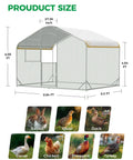 Walk In Metal Chicken Coop With Run For Yard, Weatherproof Spire Roof Cage dimensions with animal suitability icons.