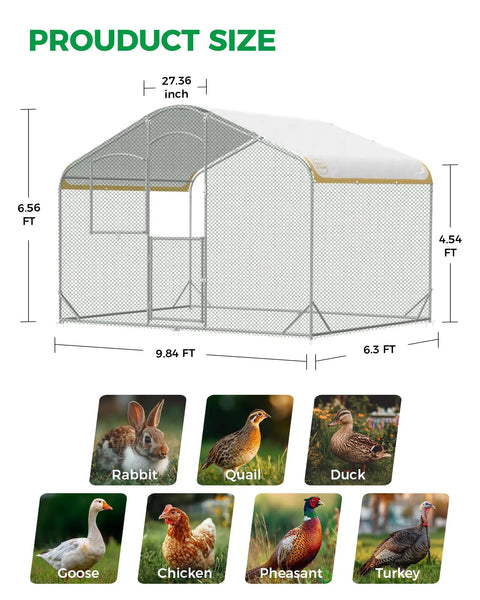 Walk In Metal Chicken Coop With Run For Yard, Weatherproof Spire Roof Cage dimensions with animal suitability icons.