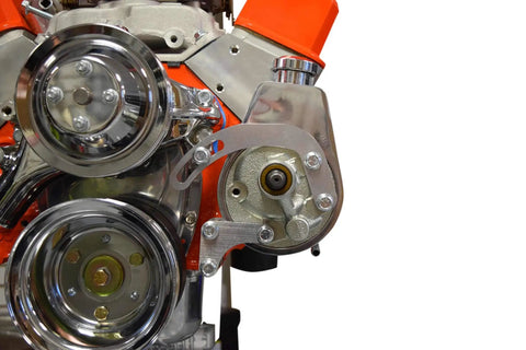SBC Power Steering Pump Bracket In Billet Aluminum, Low Driver Side Mount With Slotted Arm To Tension 1 Or 2 Rib Belts