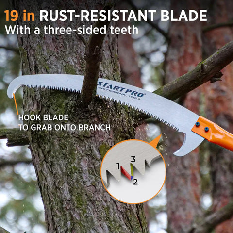 Close-up of 23ft Reach Tree Pruning Saw For Easy High Reach Yard Work No Ladder Needed Telescopic Manual Lightweight Extendable Pole Saw With Sharp Carbon Enriched Blade For Efficient Tree Maintenance And High Reach Branch Cutting, featuring rust-resistant blade with three-sided teeth on a tree branch.