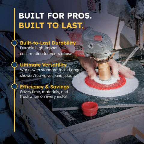 Person demonstrating Tile Drilling Template And Guide With Four Interlocking Rings For Precise Tile Holes on a tile with a drill.