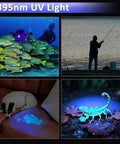 395 Nm UV scuba dive light fluorescence underwater, fishing, pet urine detection, scorpion glowing under black light.