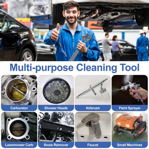 Pro Grade Welding And Carb Cleaning Kit With 13 Cleaning Wire Sizes And Sharp Pick, Torch Tip Cleaner, various applications shown.