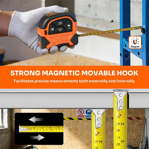 2-In-1 Laser Tape Measure With 197 Ft Laser Range And 16 Ft Manual Tape, Magnetic Hook, Pythagorean, Area And Volume Calculator, Digital Measuring Tool For Woodworking And DIY Projects on metal frame