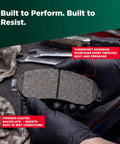 Mechanic holding Ceramic Rear Disc Brake Pad Set for Chevrolet Camaro Daily Driver with focus on thermoset adhesive and backplate.