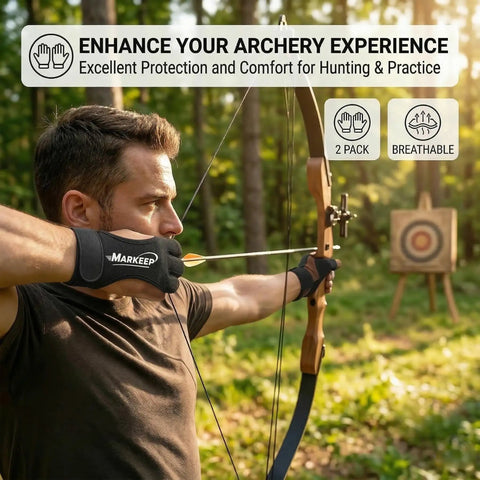 Man using Archery Gloves 2 Pack Leather Three Finger Guard For Youth And Adults Left Or Right Hand Shooting Gear For Recurve Bow Hunting