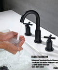 Matte Black 8 Inch Widespread Bathroom Faucet With Two Handles 3 Hole Sink Faucet With Valve And Pop Up Drain Brass Construction Tarnish Resistant Easy To Clean Perfect For Modern Bathrooms with running water