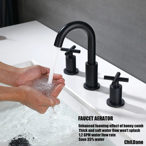 Matte Black 8 Inch Widespread Bathroom Faucet With Two Handles 3 Hole Sink Faucet With Valve And Pop Up Drain Brass Construction Tarnish Resistant Easy To Clean Perfect For Modern Bathrooms with running water