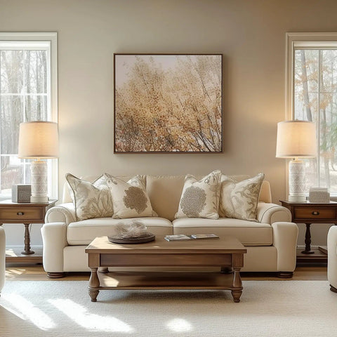 Living room with Rustic Ceramic Table Lamps Set Of 2 With 3 Way Dimmable Lighting, Dual USB Ports, Linen Fabric Shade, LED Bulbs Included.