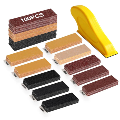 Pro Grade Micro Detail Sander Kit with sanding block and 100 sheets of 60 to 800 grit sandpaper for woodworking and crafts