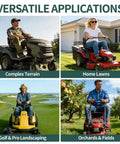 Four lawn mowers in action for different terrains with Aramid Cord Deck Replacement Lawn Mower Belt Five Eighth Inch By One Hundred Twenty Seven Inch For Scag 484100 And Husqvarna 52 Inch Deck Models Fits SMVR 48V 52V SVR 691FX 730FX Yard Tractors Tough As Nails Yard Work Ready