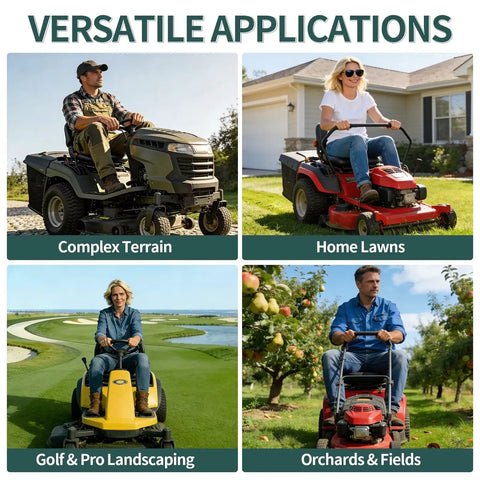 Four lawn mowers in action for different terrains with Aramid Cord Deck Replacement Lawn Mower Belt Five Eighth Inch By One Hundred Twenty Seven Inch For Scag 484100 And Husqvarna 52 Inch Deck Models Fits SMVR 48V 52V SVR 691FX 730FX Yard Tractors Tough As Nails Yard Work Ready