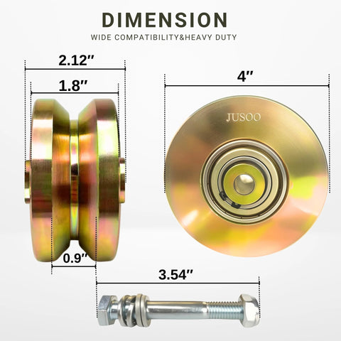 V Groove Gate Wheel Set 4 Inch Sliding Gate Rollers, 54 Mm Wide Heavy Duty Steel Wheels With Double Bearings, dimensions shown.