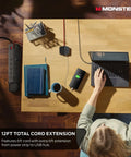 Overhead view of a Detachable Magnetic Mount Surge Protector Power Center with laptop and 12ft total cord extension on desk