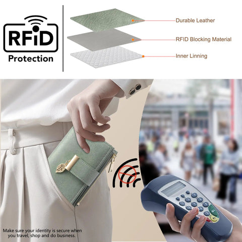 Compact Womens Wallet RFID Blocking Vegan Leather Bifold Card Holder For Women With 10 Card Slots 2 ID Windows graphic