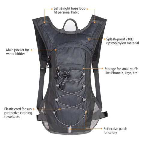Front view of lightweight gray Hydration Pack Backpack With 70 Oz Water Bladder For Running Hiking Cycling Climbing Camping And Biking featuring adjustable straps and storage compartments.