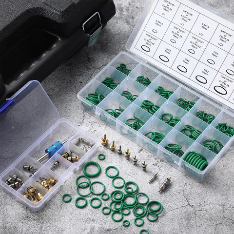 Open case of Car Air Conditioning Repair Kit With 270 O Ring Set And 40 Valve Cores For R12 And R134a Refrigerant Includes Valve Core Remover Tool