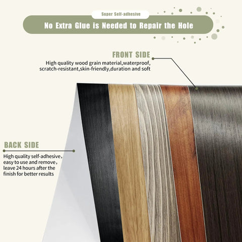 Comparison of self adhesive wood grain repair tape options, showing red oak finish, 2.4 inch by 15 foot size for renovation projects.