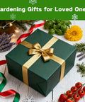 Gift box surrounded by herbs, flowers, and vegetables labeled 'Gardening Gifts for Loved Ones', perfect for garden enthusiasts.
