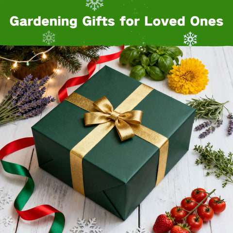 Gift box surrounded by herbs, flowers, and vegetables labeled 'Gardening Gifts for Loved Ones', perfect for garden enthusiasts.