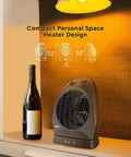 Oscillating Space Heater With Adjustable Thermostat, Desktop Portable 1500W, next to wine bottle on countertop, fan-forced heat