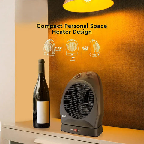 Oscillating Space Heater With Adjustable Thermostat, Desktop Portable 1500W, next to wine bottle on countertop, fan-forced heat