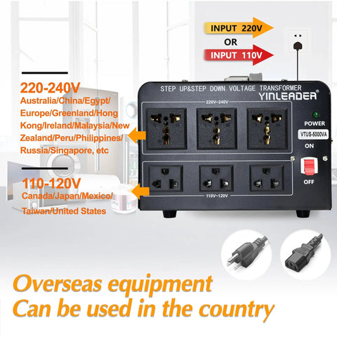 Heavy Duty 5000W Voltage Converter Transformer For Home And Travel Step Up From 110V-120V To 220V-240V Or Step Down From 220V To 110V shown with US power cord and universal sockets.