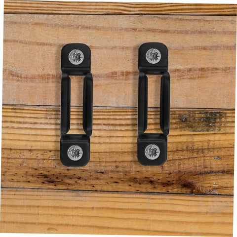 50 Pack Tough As Nails Manganese Steel Furniture Connectors Lock Down Cabinets And Wardrobes With Invisible Hardware Zero Wiggle Room Super Tight Assembly Heavy Duty Desk Brackets In Matte Black mounted on wood.
