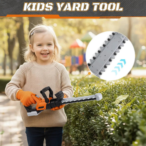 Child playing with 3-in-1 Kids Yard Tools Set With Realistic Lights And Sounds, Kid-Friendly Weed Wacker Toy, outdoors in garden