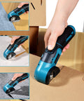 Tyimble Cordless Electric Scissors Heavy Duty Cardboard Cutter cutting through cardboard and fabric, showcasing USB-C charging capability.