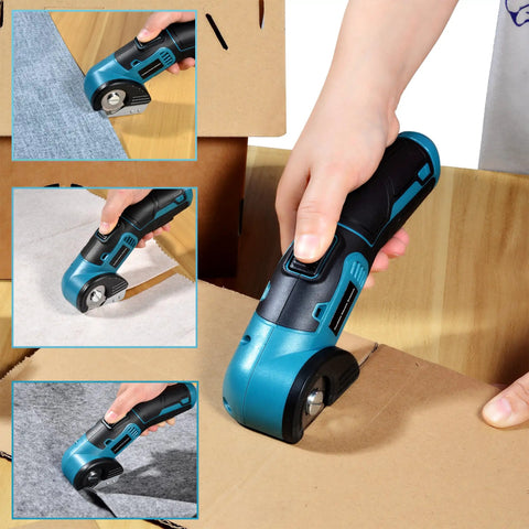 Tyimble Cordless Electric Scissors Heavy Duty Cardboard Cutter cutting through cardboard and fabric, showcasing USB-C charging capability.