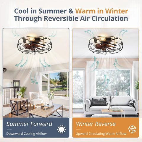 Enclosed 20 Inch Bladeless Ceiling Fan With Light And Remote, showing reversible air circulation for cooling and heating.